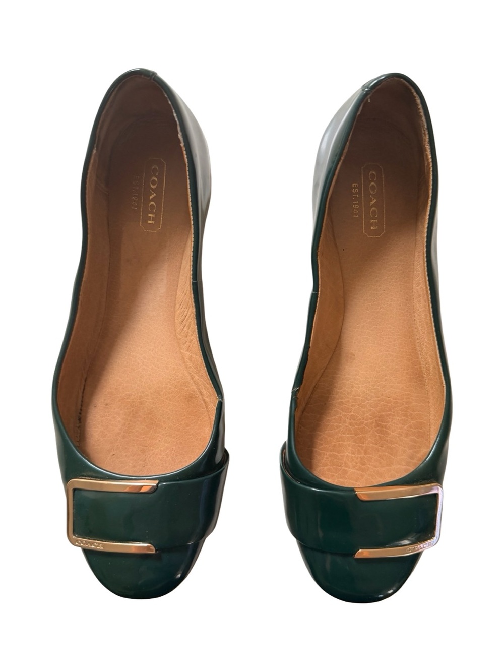Coach Dark Green Patent Leather Buckle Flats